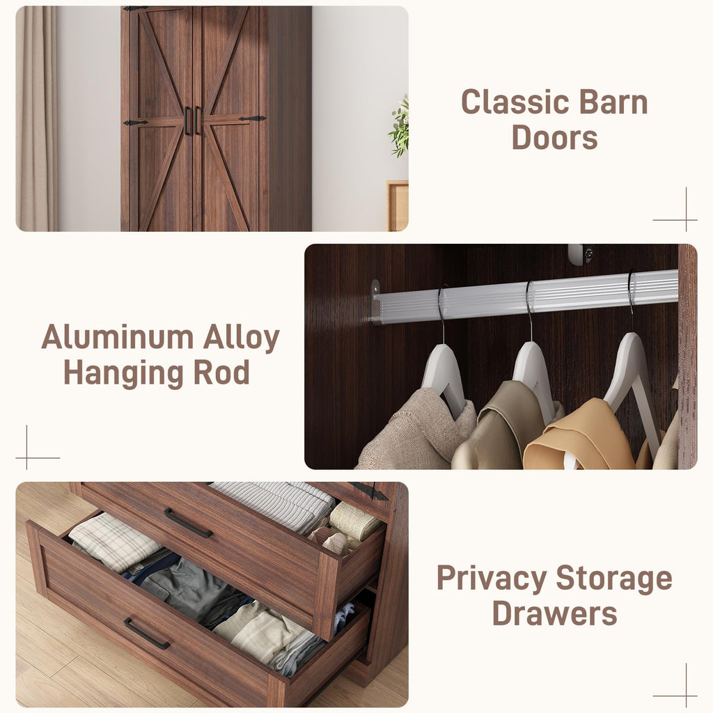 2 Doors Wardrobe Armoire Closet with Doors and Drawers, Farmhouse Wooden Armoire Storage Cabinet with Shelves &