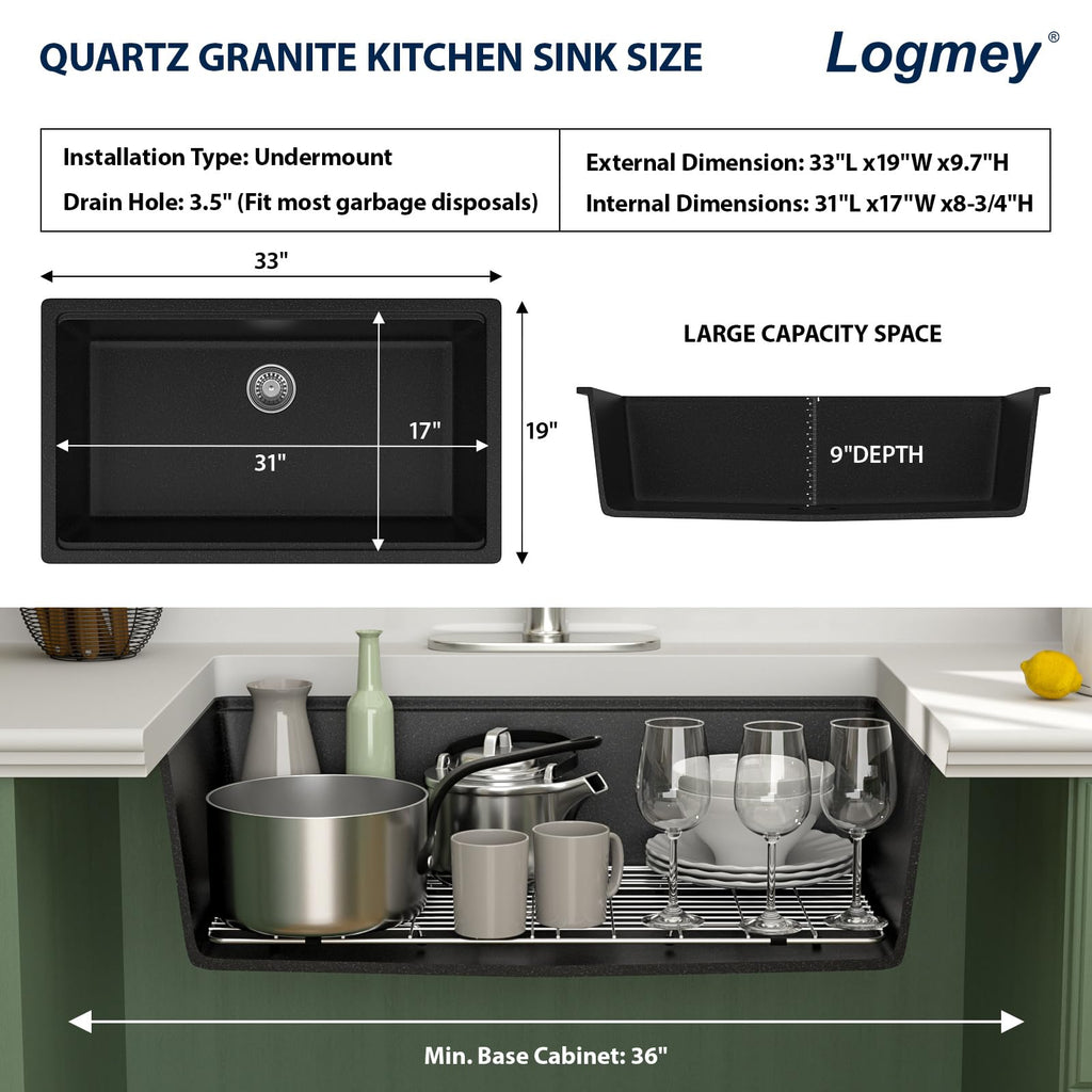 33 Inch Black Granite Composite Undermount Sink
