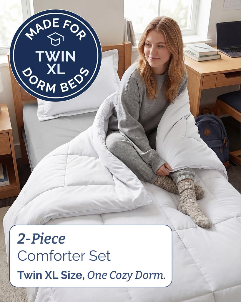 XL Comforter Set - White Bedding for All Seasons - 2 Piece Bed Set