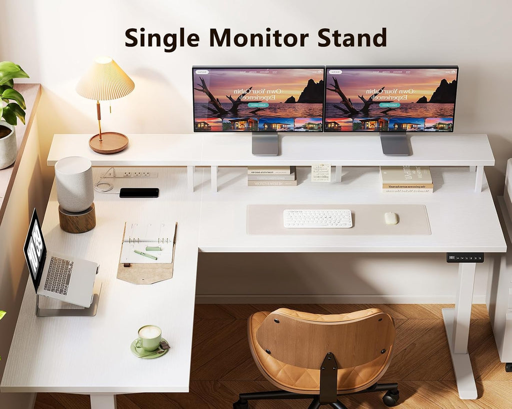 59 Inch L Shaped Electric Standing Desk, Single Monitor Stand, White | Reversible L Shaped Desk With 3 Memory