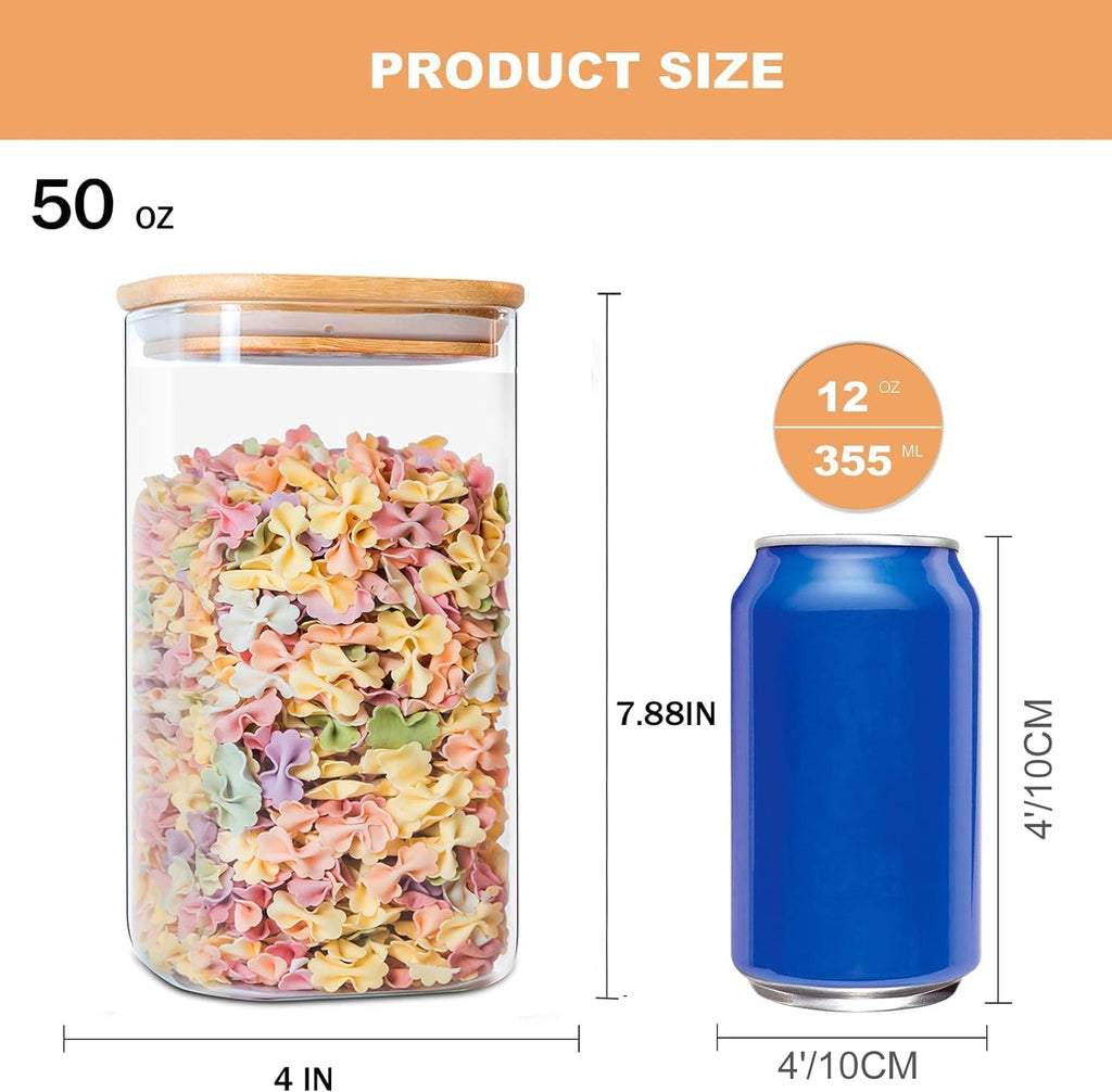 50oz Glass Food Storage Jars Set of 6, Glass Storage Containers Clear Glass Food Canister with Bamboo Lid Airtight For