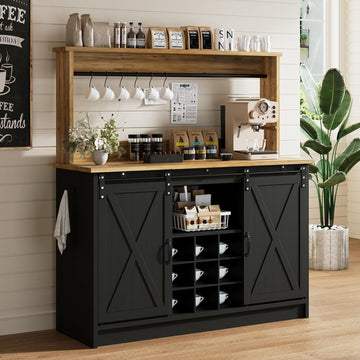 47" Farmhouse Coffee Bar Cabinet with Storage Hutch, Black