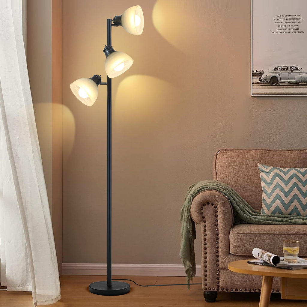 3 Head Tree Floor Lamp, Black Industrial Glass Shades