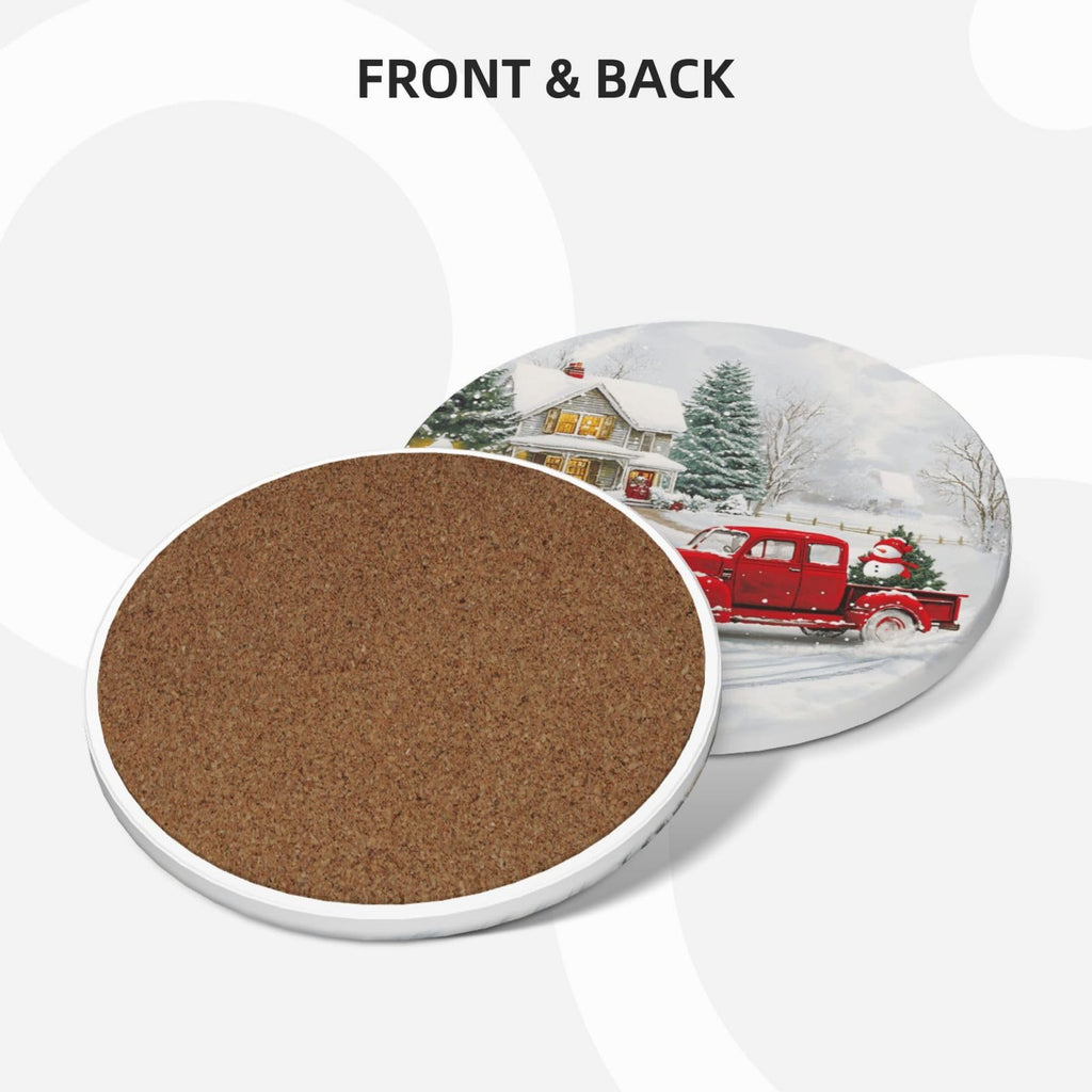 Winter Red Truck Coasters for Drinks Christmas Tree Candy Snowflake Absorbent Ceramic Coasters Set of 4 for Coffee