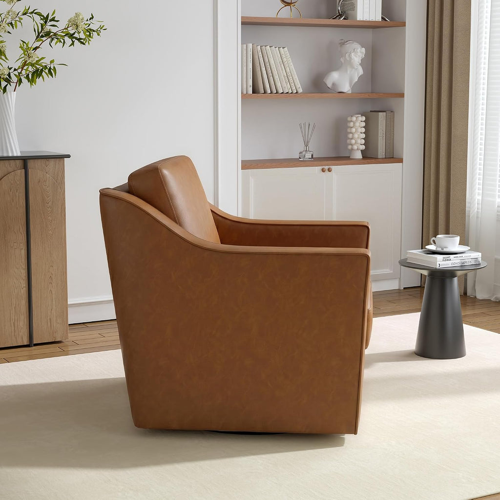 Faux Leather Swivel Accent Barrel Chairs, Brown - Set of 2