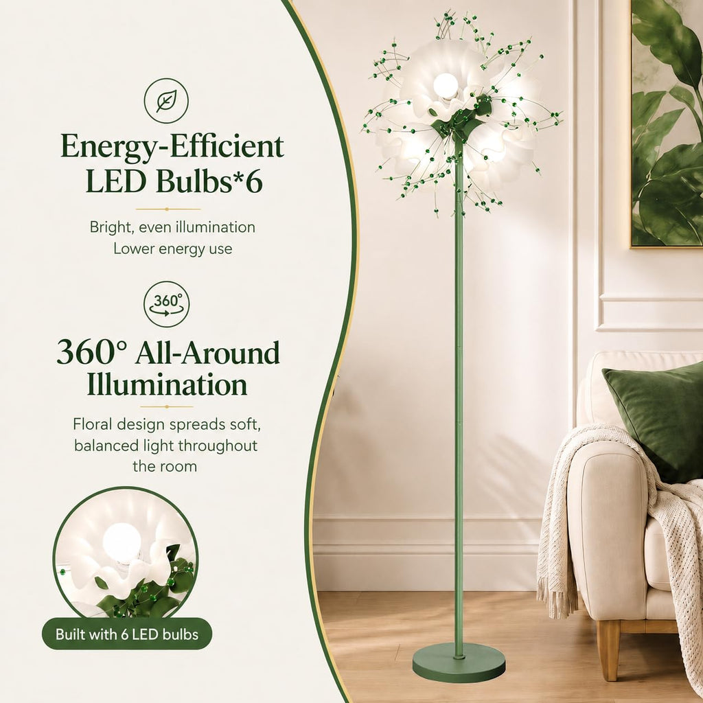 Flower Floor Lamp, Tall Crystal Floor Lamp with 6 LED Blubs, Green Floral Floor Lamps with 3 Color Temperatures