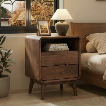 Walnut Nightstand Solid Wood Night Stand, Dark Wood Nightstands with 2 Drawers & Open Shelf, Mid Century Modern