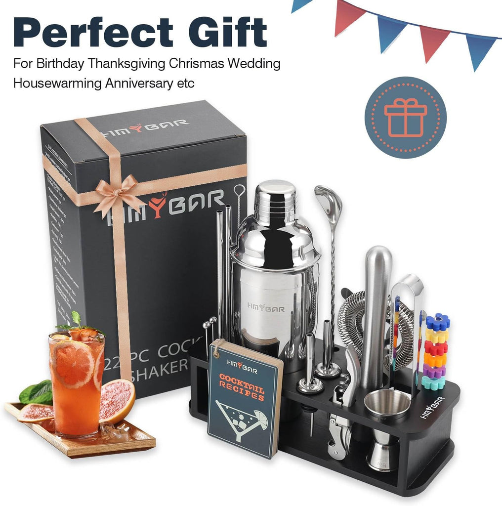 22-Piece Cocktail Shaker Set, Mixology Bartender Kit with 24oz Cobbler Shaker, Home Bar Tool Set with Black Bamboo - Set of 22