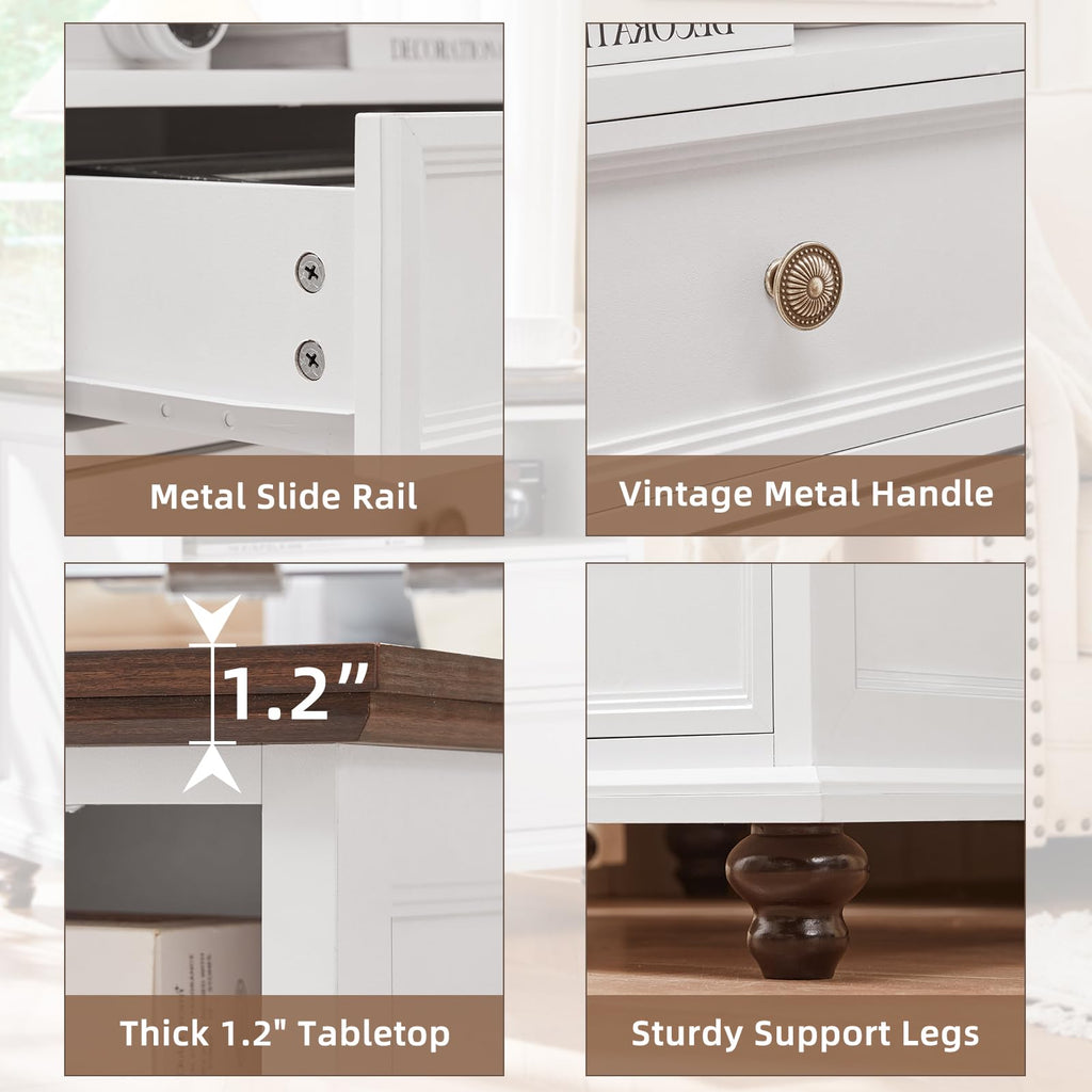 24" Wide Farmhouse Nightstand with Charging Station, End Table with 2 Drawers, White Wood Cabinet, Bed Side Table