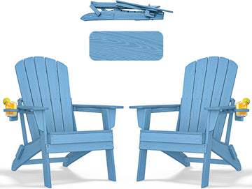 Folding Adirondack Chairs Set of 2, HDPE Cup Holders, Light Blue | Patent pinless folding design, 380lbs, Extended