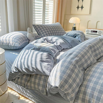 Blue Gingham Comforter Set Reversible Plaid Bedding Set