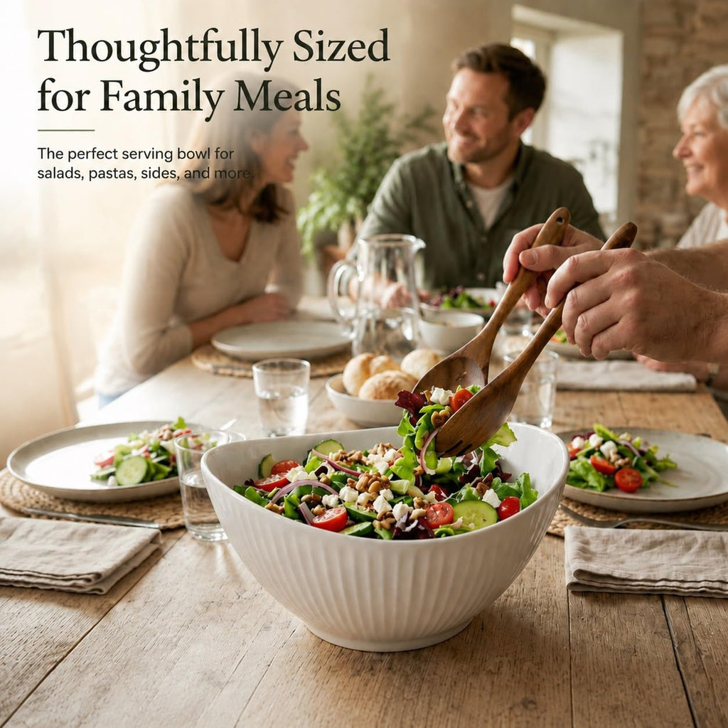 60oz Large Ceramic Salad Bowl with Acacia Wood Utensils, 10" Oval White Serving Bowl for Soup, Pasta, Fruit, Snacks