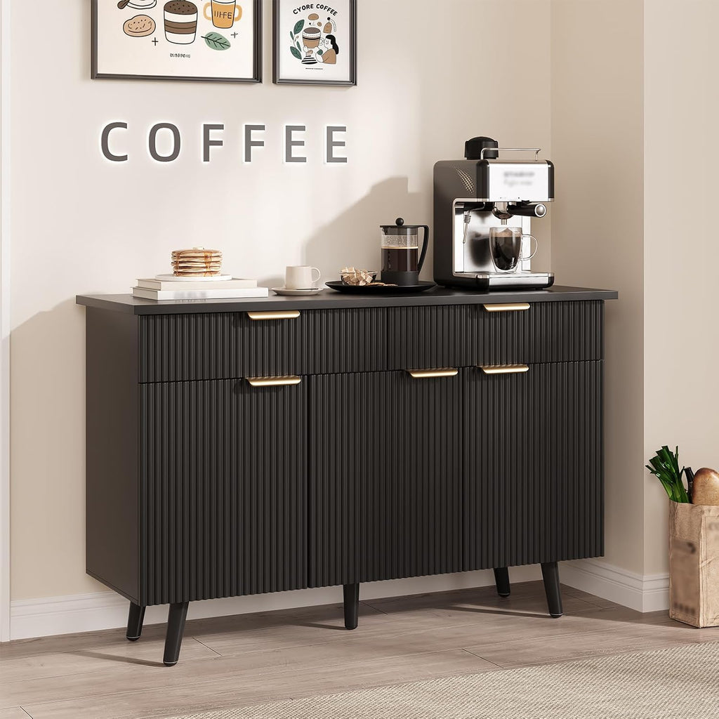 47 Inch Sideboard Buffet Cabinet, Wood Storage Cabinet with 3 Fluted Doors, Adjustable Shelves and 2 Drawers, Coffee