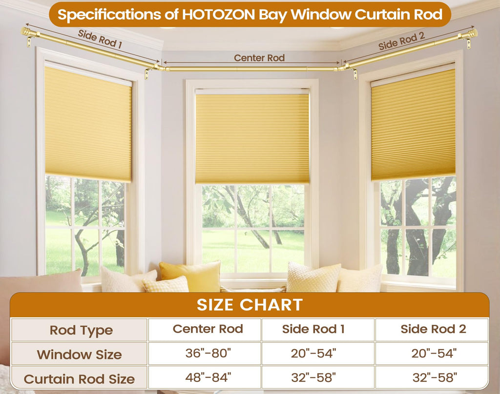 Bay Window Curtain Rods 32-86 Inch(Center), 7/8" Diameter, Gold