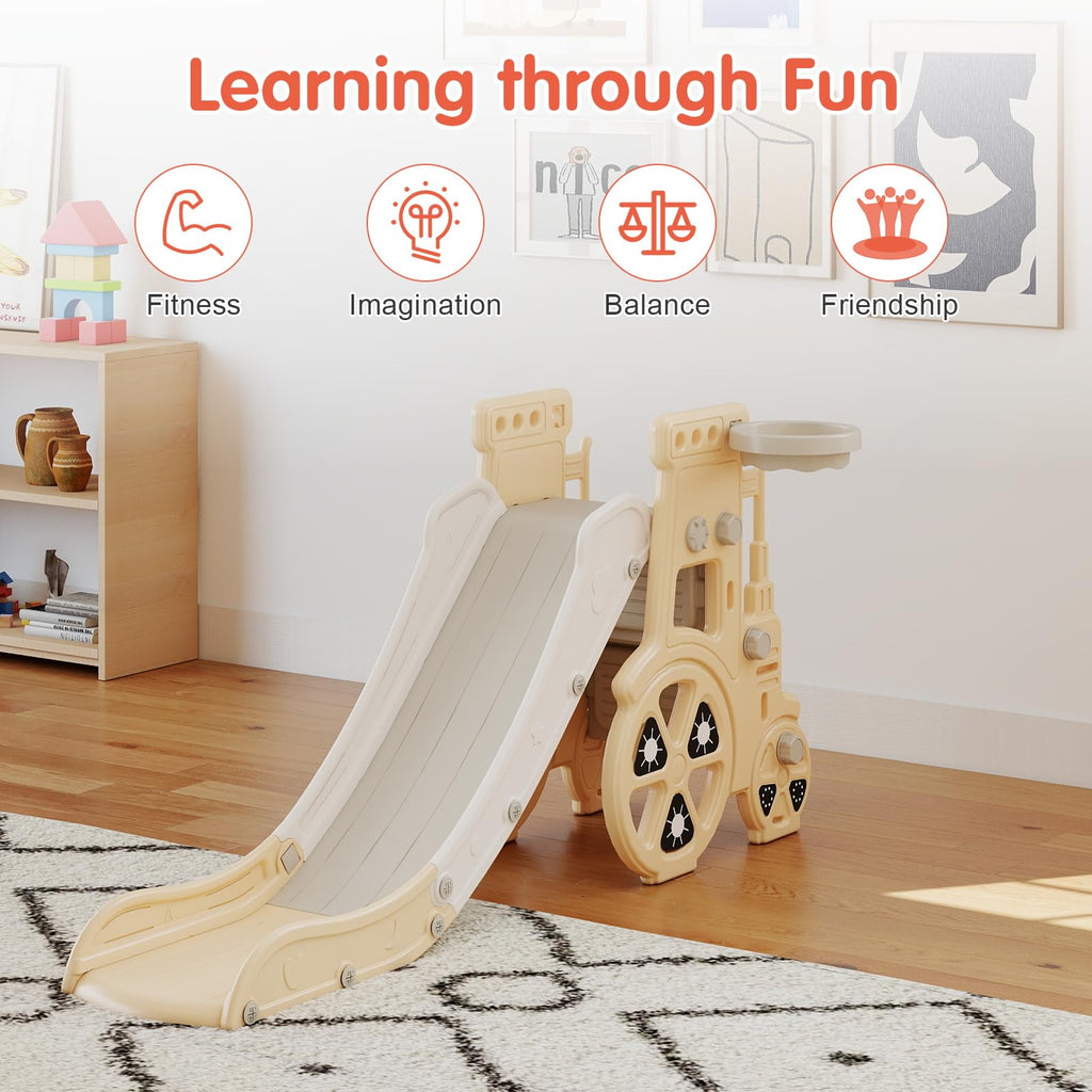 4-in-1 Toddler Slide Playset - Indoor/Outdoor Slide, Basketball Hoop & Climber, Safe Enclosed Steps & Anti-Slip