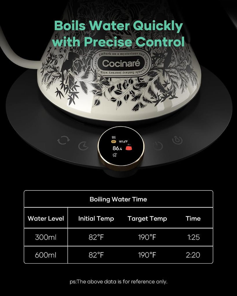 Gooseneck Electric Kettle, ±0.5°F Precise Temperature Control, 1500W Fast Heating, Pour-Over Coffee & Tea, Stainless
