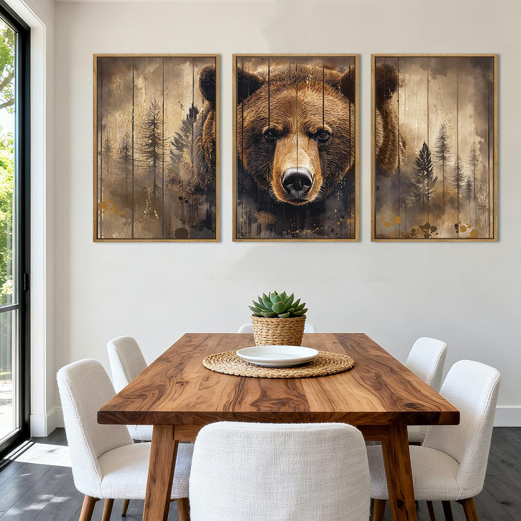 Vintage Brown Bear Canvas Wall Art 16x24 Inch Framed Forest Woodland Paintings Rustic Farmhouse Wildlife Wall Decor