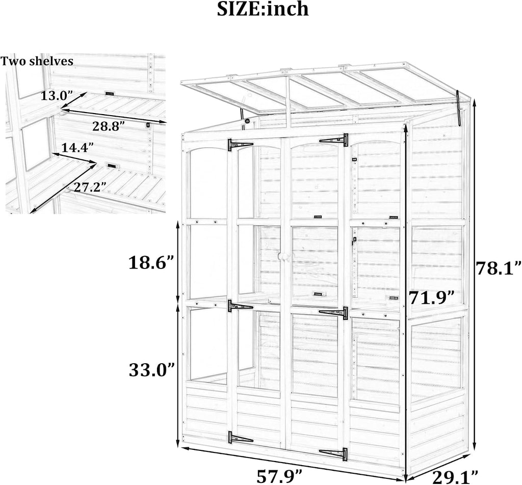 78-inch Wooden Greenhouse Cold Frame with 4 Independent Skylights and 2 Folding Middle Shelves, Walk-in Outdoor