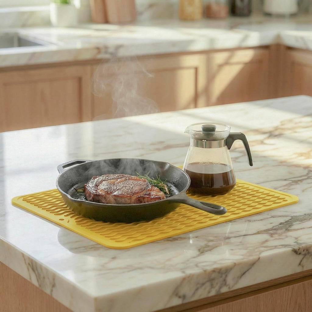 Silicone Dish Drying Mat - Quick-Dry Ridges Counter & Sink Pad, Heat-Resistant Trivet to 450°F, Non-Slip & Dishwasher