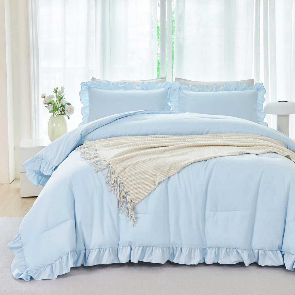 5 Pieces Light Blue Full Bed in A Bag for Kids Girls Ruffle Bedding Sets Boho Comforter Set Vintage Farmhouse Bedding