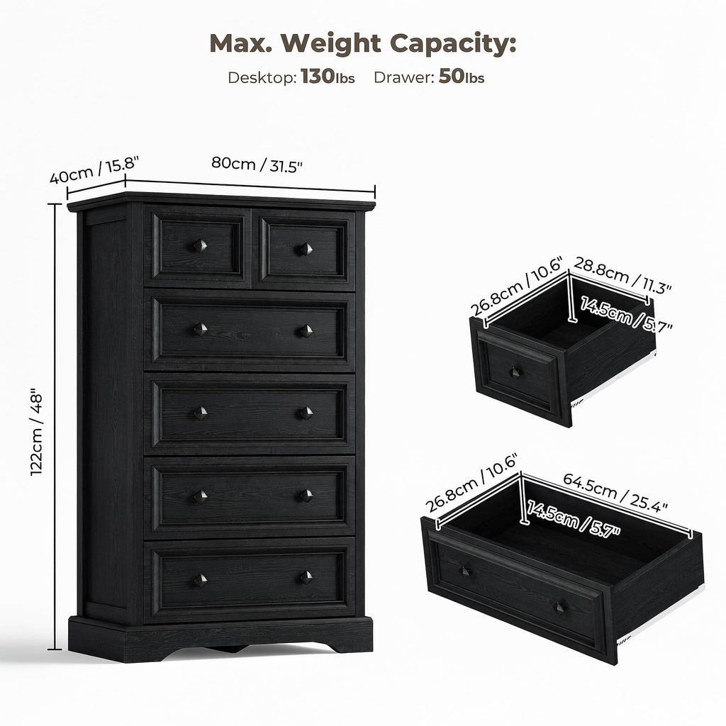 Farmhouse 6 Drawer, 48" Tall Chest of Drawers with Natural Texture & Metal Handles, Storage Dressers Organizer
