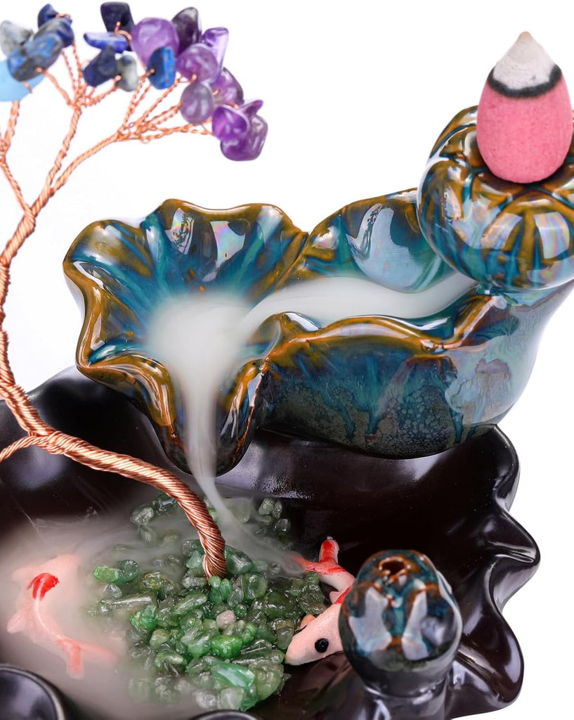 Backflow Incense Burner Ceramic Incense Waterfall,7 Chakra Stones Healing Crystal Money Tree Incense Holder
