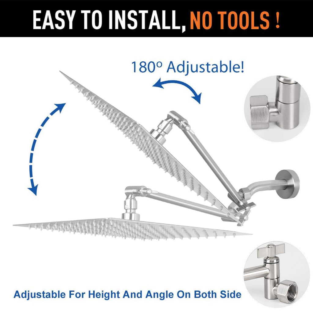 High Pressure Large Stainless Steel Square Rain ShowerHead With Shower Arm Waterfall Full Body Coverage Easy to Clean