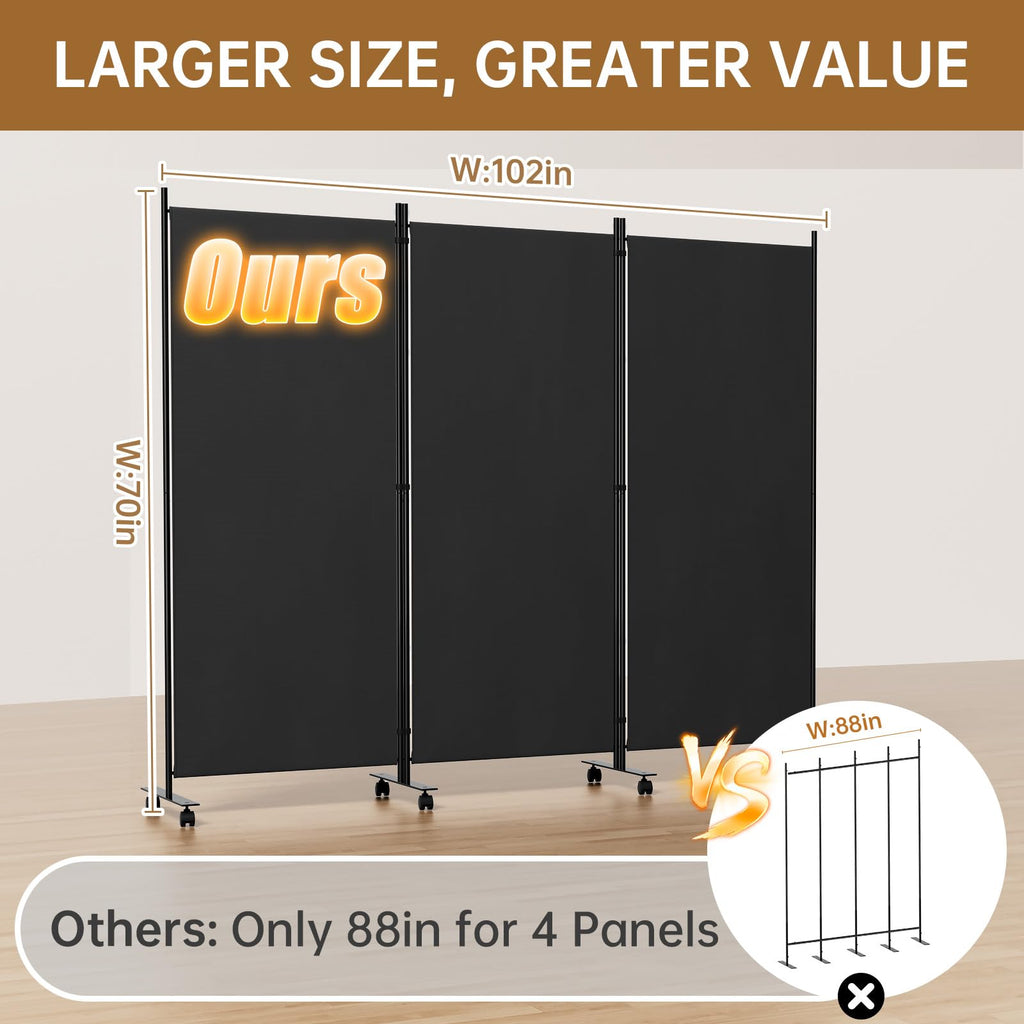 Room Divider 102'' Wide Folding Room Divider Panel with Wheel, Upgraded Base
