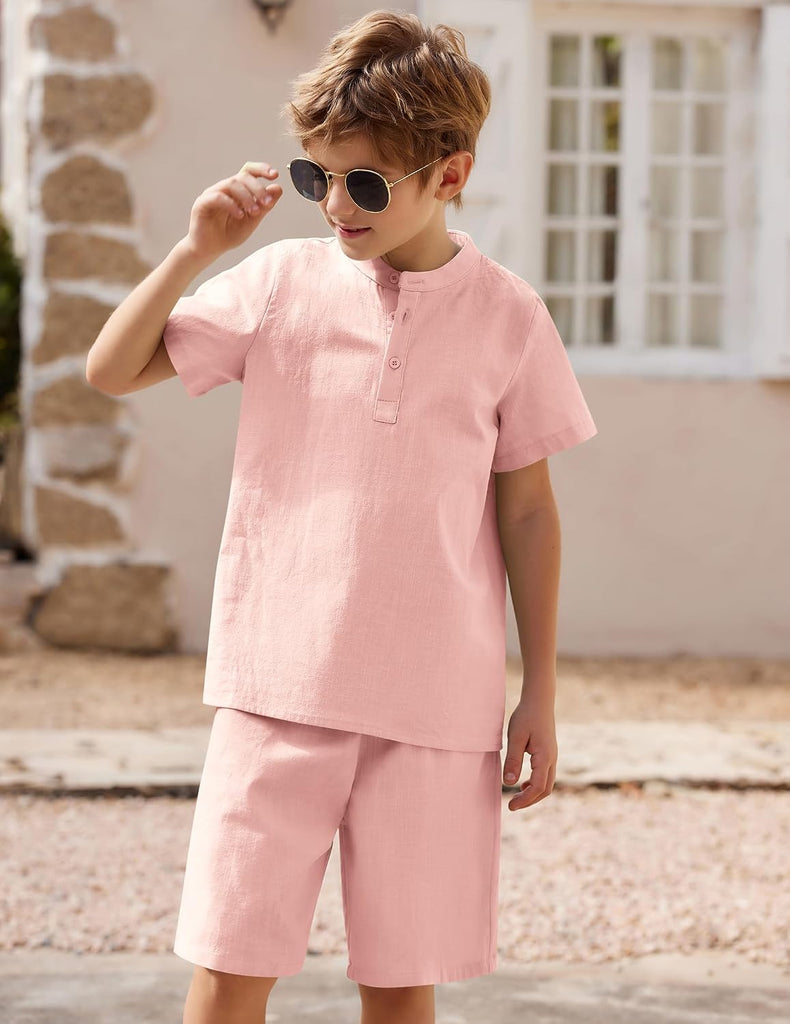 Boy's 2 Pieces Cotton Linen Set Casual Henley Shirts Short Sleeve Beach Shorts Summer Outfits