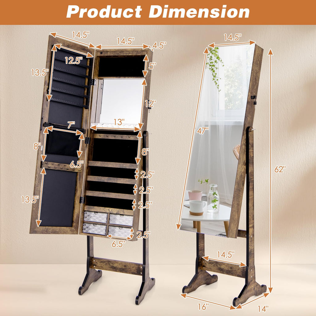Jewelry Cabinet Freestanding, Lockable Jewelry Armoire Organizer with Full-length Frameless Mirror, Drawers, Inner