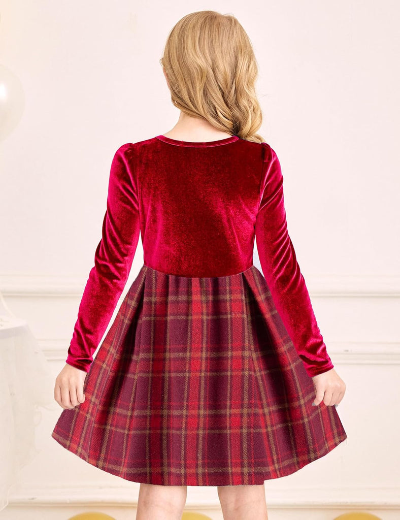 Girls Long Sleeve Velvet Plaid Patchwork Party Dress with Pockets