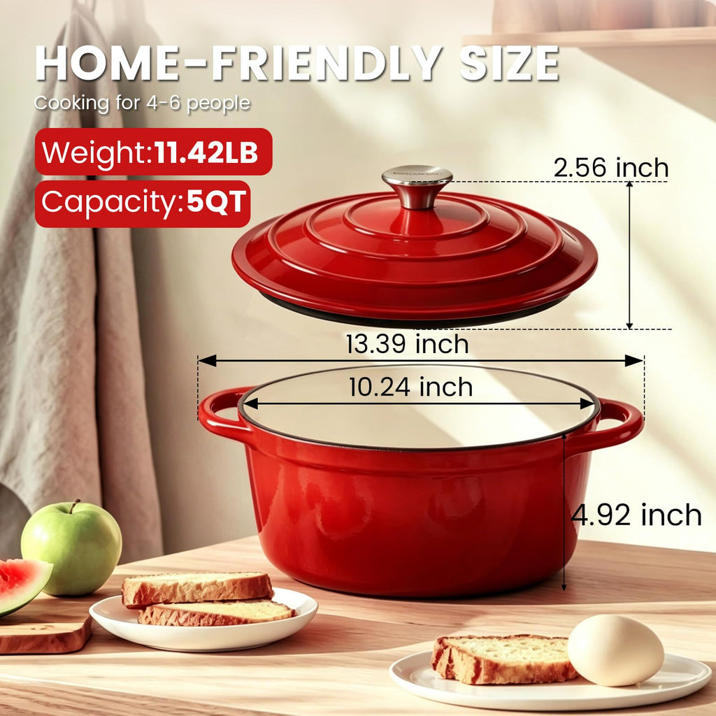 5 Qt Enameled Cast Iron Dutch Oven with Lid, Red