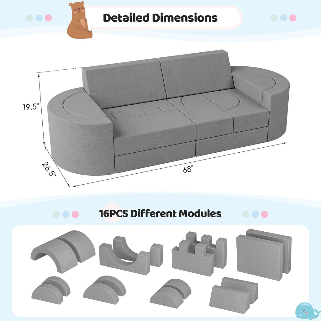 68 Inch Extra Large Modular Kids Play Couch, Toddler Foam Couch, 16Pcs Fort Pillows for Kids, Playroom Decor for Boys