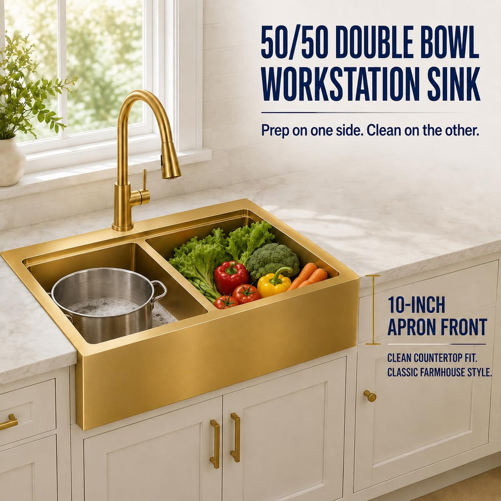 30 Inch Farmhouse Kitchen Sink Gold 50/50 Double Bowls Farm Sink