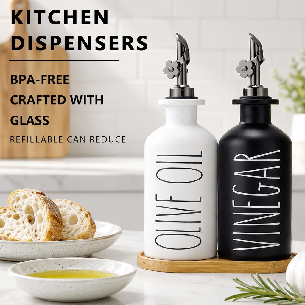 Premium Olive Oil Dispenser, 11.8oz Glass Oil Bottles with Bamboo Tray, Oil&Vinegar Cruet Set, Kitchen Dispenser - Set of 2