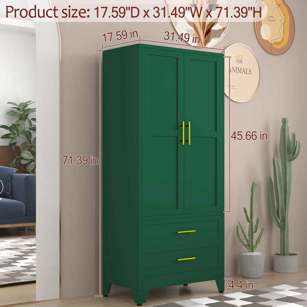 Metal Armoire Wardrobe Closet with 2 Drawers, 71" Wardrobe Cabinet with Adjustable Shelves and Hanging Rod, Clothing