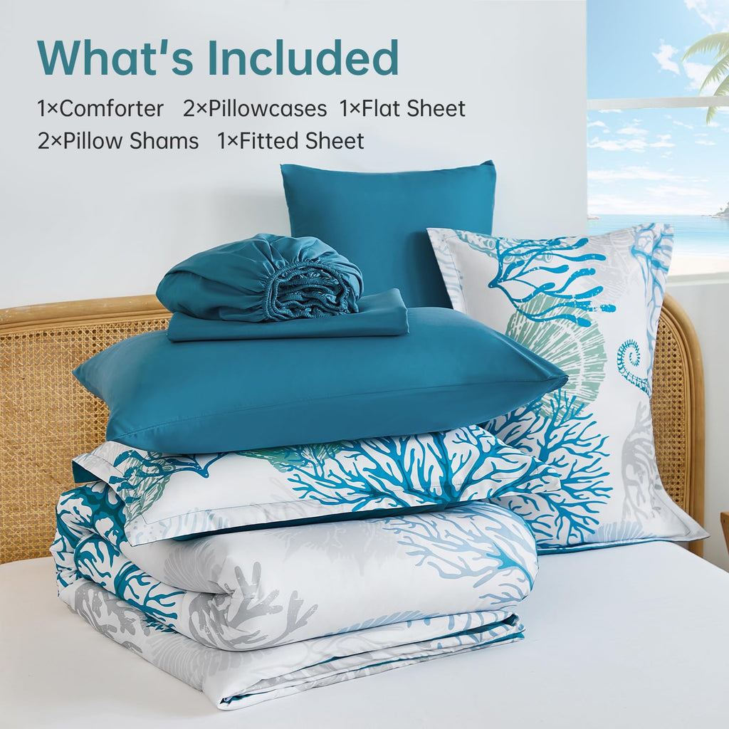 Coastal Comforter Set King, Beach Themed Comforter, 7 Pieces Ocean Nautical Seaweed & Starfish Bed in a Bag (104"×90")