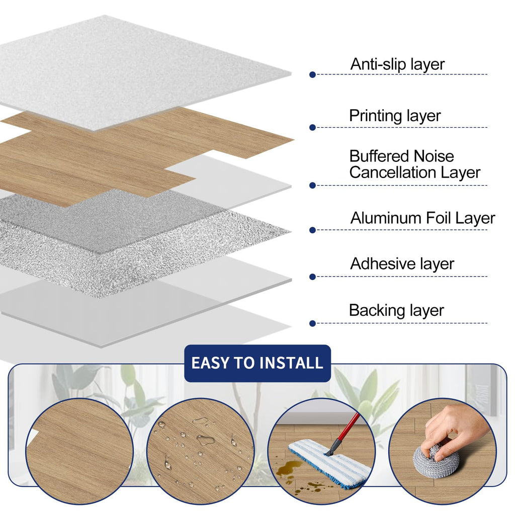 Thick Peel and Stick Floor Tile, Imitation Wood Grain Vinyl Flooring, Waterproof DIY Self-Adhesive Flooring Tiles