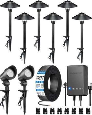 All-in-ONE Landscape Lighting Kit 6-Pack LED Outdoor Pathway Lights, 2-Pack Spotlights, 60W Transformer, 100FT 16/2