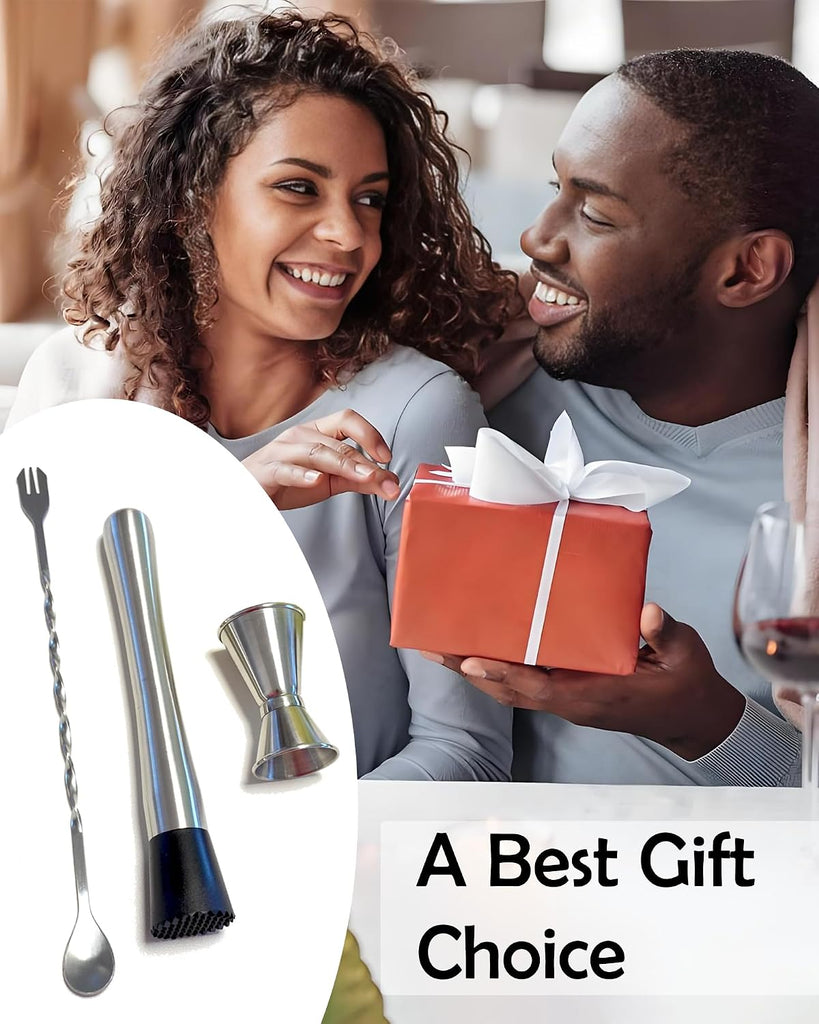 8"Stainless Steel Muddler, 10"Mixing Spoon & Jigger for Cocktails - Set of 3