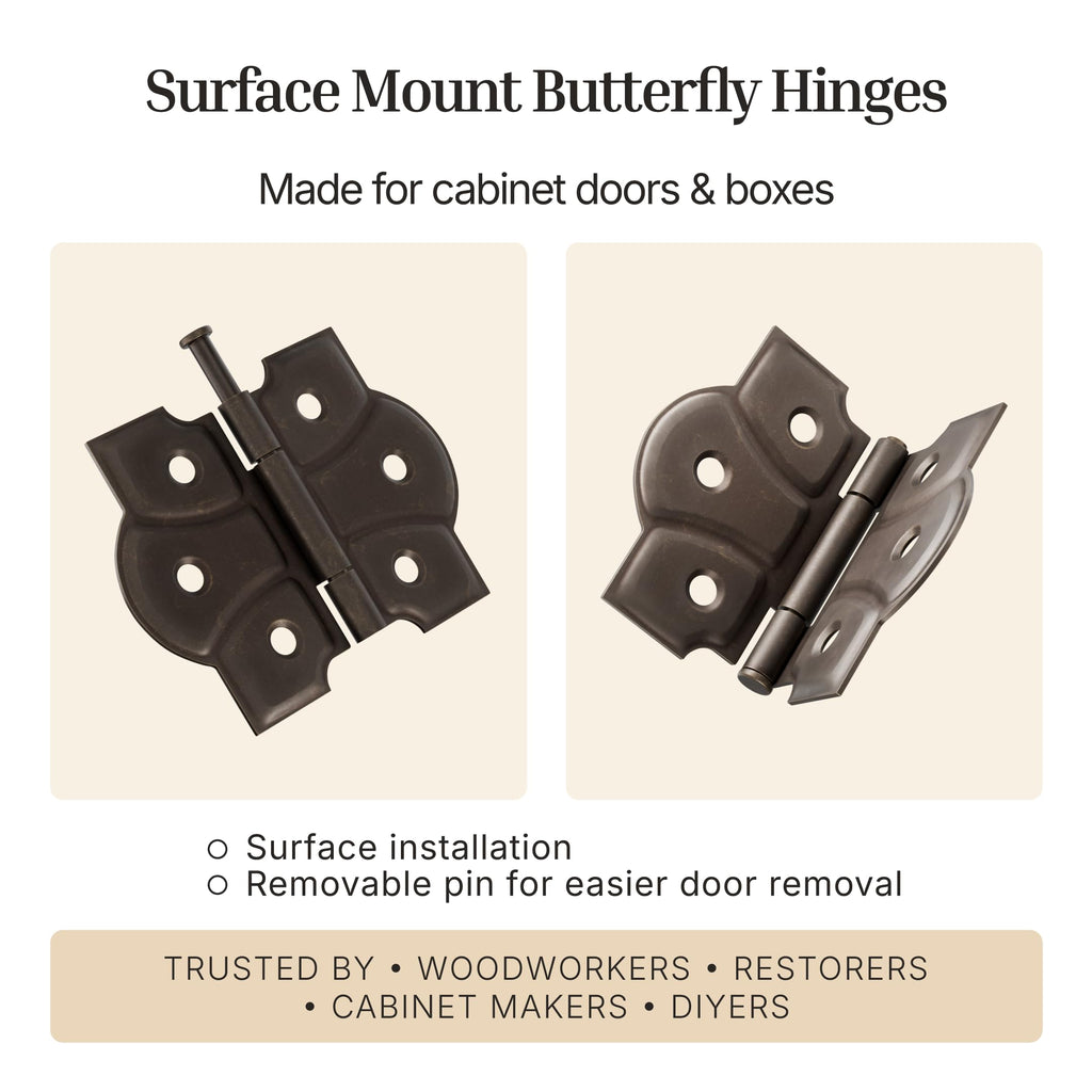 Antique Brass Butterfly Hinges with Removable Pin - Pack of 2 - Surface Mount Cabinet Door Hinges - (1)