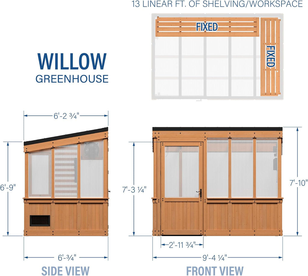 Discovery Willow 9' x 6' Cedar Wood and Polycarbonate Walk-in Greenhouse Kit with Exhaust Fan, Windows, Hose