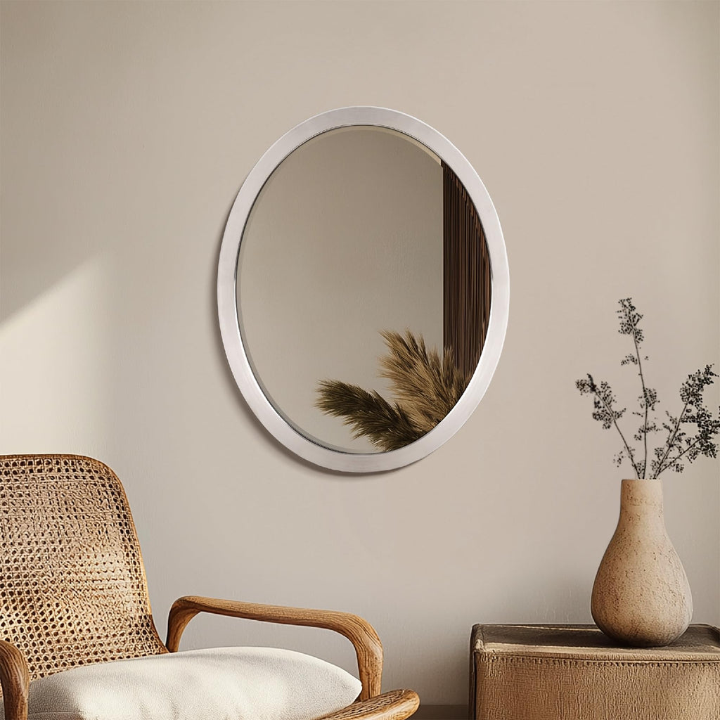 Elegant Classic Oval Brushed Nickel Stainless Steel Silver Framed Wall Mounted Beveled Edge, Fits for Vertical &