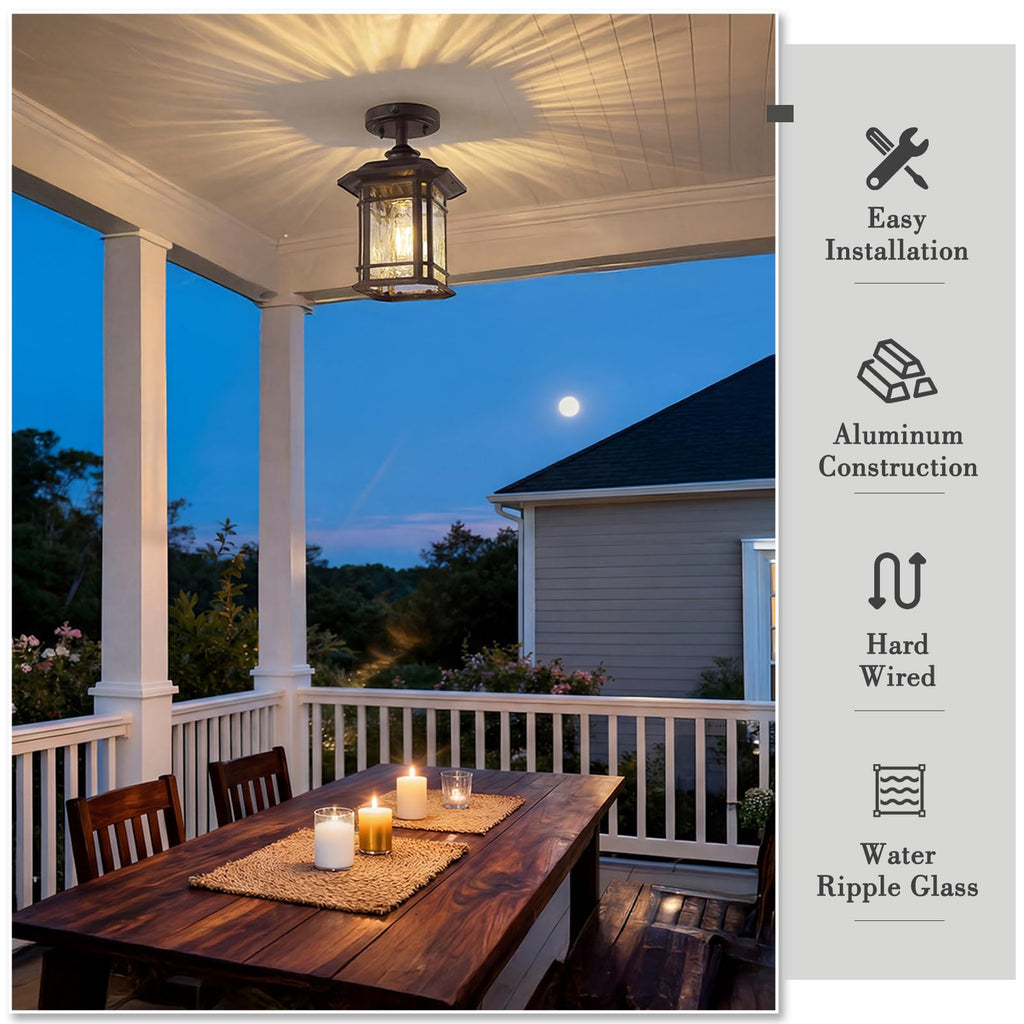 Dusk to Dawn Semi Flush Mount Celing Light, 10.9" Outdoor Porch Light with Water Ripple Glass, Oil Rubbed Bronze