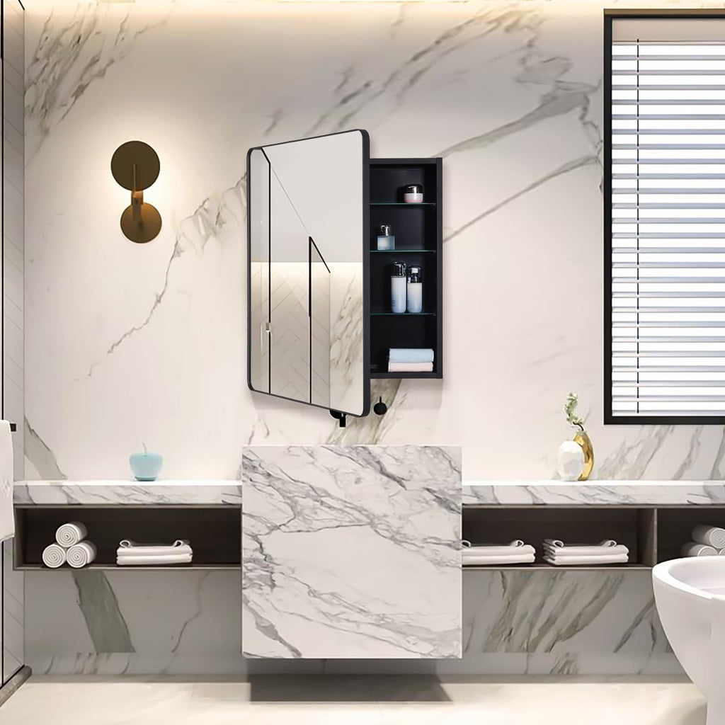 Black Bathroom Mirror Medicine Cabinet with Round Corner Framed Door 24 x 30 inch, Recessed or Surface Mount, with