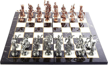 Historical Antique Copper Rome Figures Metal Chess Set for Adults, Handmade Pieces and Marble Design Wood Chess Board