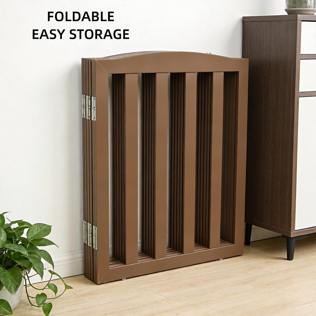 Freestanding Dog Gate Indoor, Doggie Gate Foldable Pet Gates for Doorways, Stairs or Hallways, Wooden Brown Pet Gate