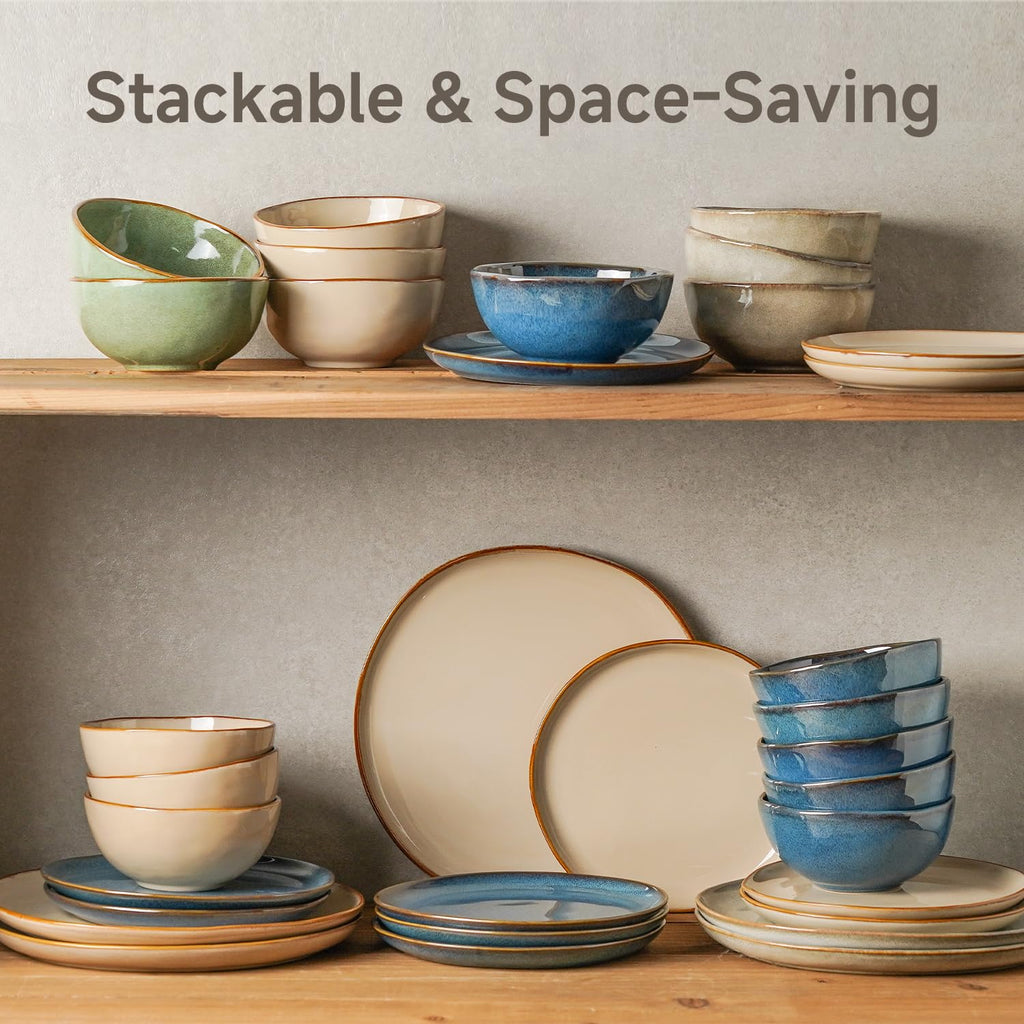 Stoneware Dinnerware Sets for 8, Reactive Glaze Plates and Bowls, White