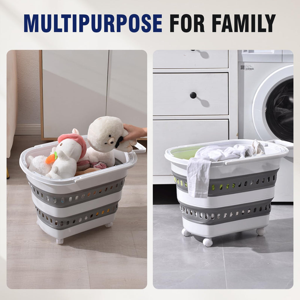 Collapsible Plastic Rolling Laundry Basket Hamper with Wheels, 45L Portable Rubber Clothes Basket, Pop Up Storage