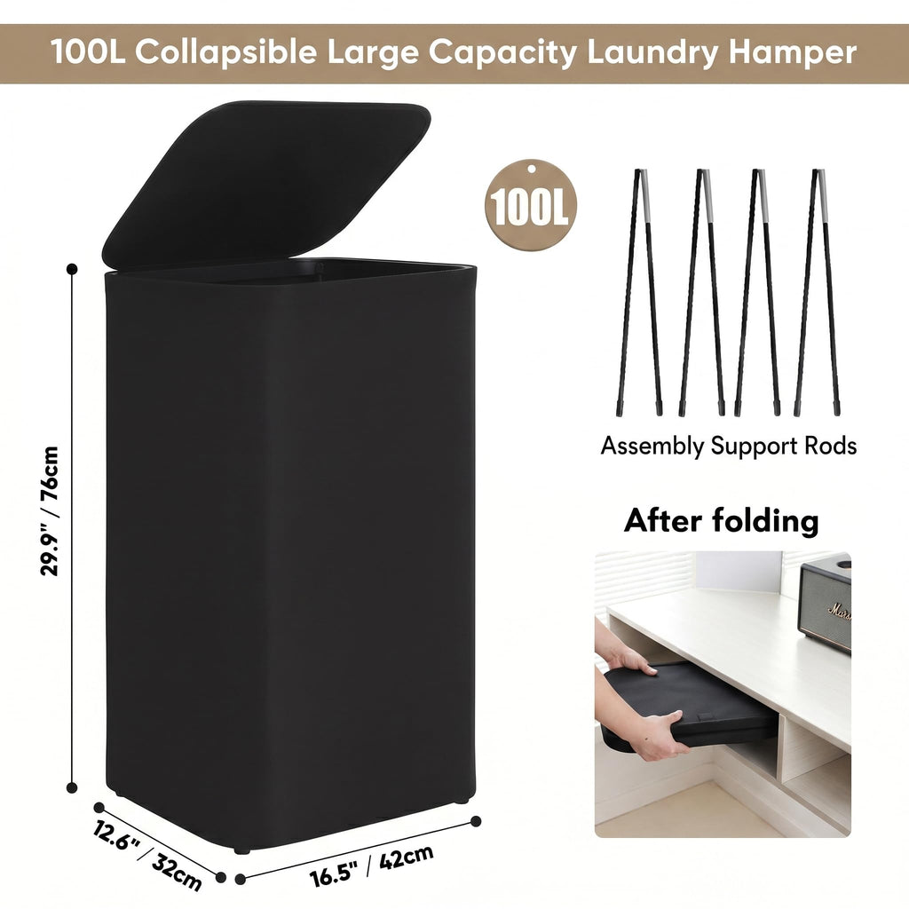100L Laundry basket Hamper with Lid & Removable Mesh Bag, Black
